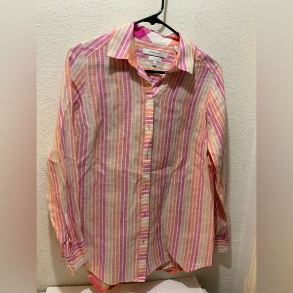 Foxcroft Linen Button Down Shirt LS Spring Easter Striped Relaxed Fit Size 2 - Picture 2 of 8